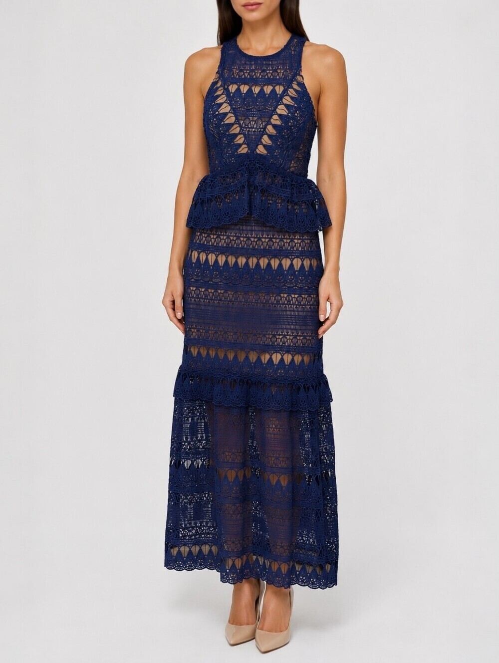 Self Portrait Guipure Lace Illusion Peplum Maxi Dress Blue Formal Gown 6
